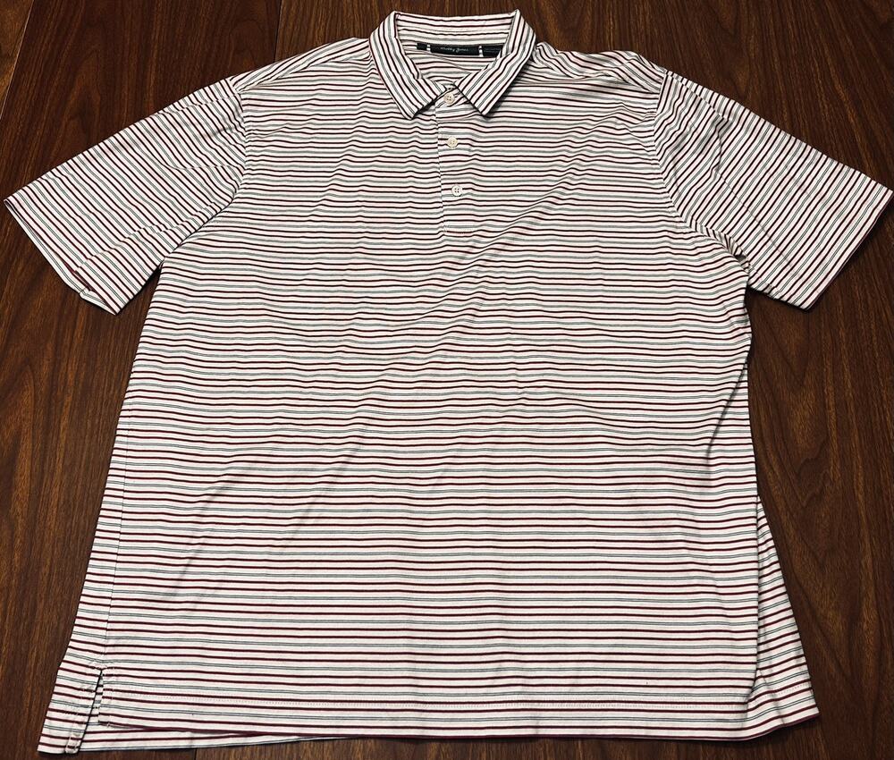 Bobby Jones Golf Polo Shirt, White with Red & Blue Stripes, Embroidered Logo- XL